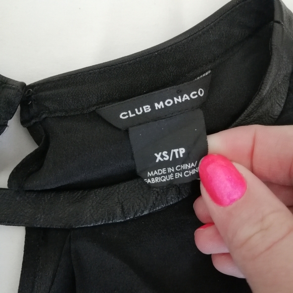 Club Monaco Silk Pleated Keyhole Neck Black Blouse With Lamb Leather Trim XS - Picture 13 of 16